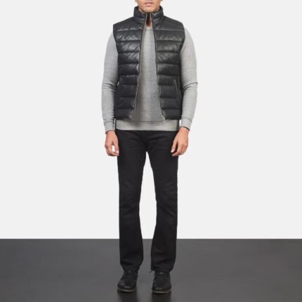 Reeves Black Leather Puffer Vest
